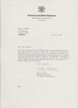 Japanese Triptych Screen Victoria and Albert Museum Letter