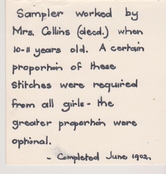 School Sewing Sampler 1902 Description