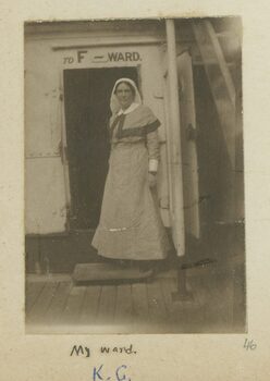 Kathleen Gawler outside Ward F (‘My ward’) in her QAIMNS Reserve Uniform; H2011.37/46