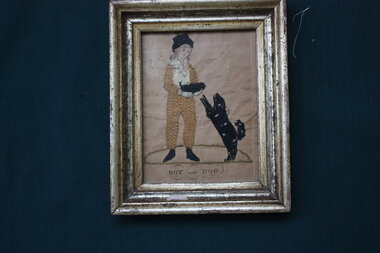 Artwork, other - Embroidery on Paper Picture 1705, T Colley, "Boy and Dog", 1705