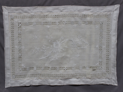 19 th C White Linen Pillow Case with Drawn Thread 
