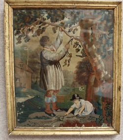Textile - Georgian Silk Embroidery Woodcutter Rural Scene, Late 18th or Early 19th Century