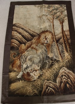 Japanese Silk Panel Depicting Lion and Prey