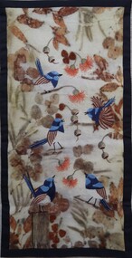 Textile - Embroidered wool hanging, Olwyn Fraser, Busy Superb fairy wrens, July 2025