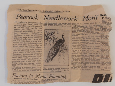 Article - Newspaper Article, Pattern Sheet, Instructions and Envelope, "Peacock Needlework Motif"