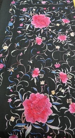 Textile - Chinese Black Silk Embroidered Piano Shawl, 1920's