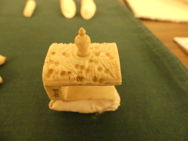 Tool - Carved chinese ivorty or bone clamp wiwth pincushion top, Small ivory sewing clamp with pincushion top, 1840's