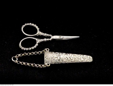 Tool - Embossed silver gilt scissors velvet lined sheath attached to chatelain, Scissors sheath, late 19th cnetury