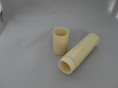 Container - Xylonite cylindrical container with lid, Netting set with some crochet hooks, 1880's