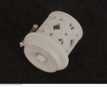Tool - Ivory tape measure, Tunbridge ware tape measure, 1840-1860's