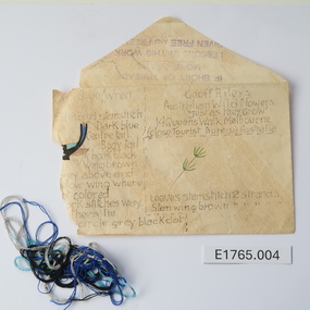 Textile - Geoff Riley embroidery design envelope - Blue Wren with leaf, Geoff Riley, 1920's-1956/7