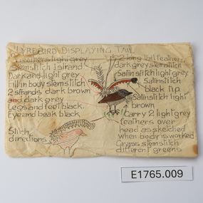 Textile - Geoff Riley embroidery design envelope - Lyre Bird displaying tail and toad stools, Geoff Riley, 1920's-1956/7