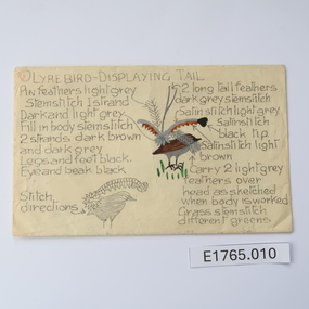 Textile - Geoff Riley embroidery design envelope - Lyre Bird displaying tail and toad stools, Geoff Riley, 1920's-1956/7