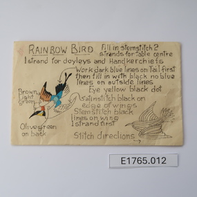 Textile - Geoff Riley embroidery design envelope - Rainbow bird, Geoff Riley, 1920's-1956/7