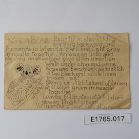 Textile - Geoff Riley embroidery design envelope - Koala bear and Red flowering gum, Geoff Riley, 1920's-1956/7