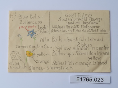 Textile - Geoff Riley embroidery design envelope - Blue bells and buttercups, Geoff Riley, 1920's-1956/7