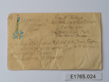 Textile - Geoff Riley embroidery design envelope - Leschenaullia Blue Heath Flower, Geoff Riley, 1920's-1956/7