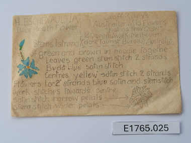 Textile - Geoff Riley embroidery design envelope - Leschenaullia Blue Heath Flower, Geoff Riley, 1920's-1956/7