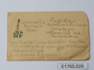 Textile - Geoff Riley embroidery design envelope - Leschenaullia Blue Heath Flower, Geoff Riley, 1920's-1956/7