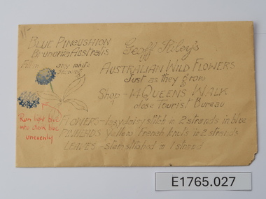 Textile - Geoff Riley embroidery design envelope - Blue Pincushion Brunonia Australis, Geoff Riley, 1920's-1956/7