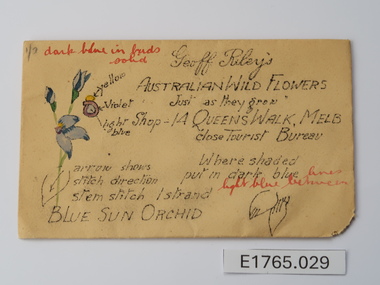 Textile - Geoff Riley embroidery design envelope - Blue Sun Orchid, Geoff Riley, 1920's-1956/7