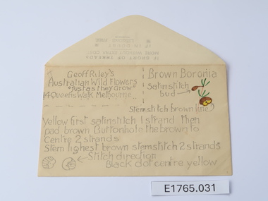 Textile - Geoff Riley embroidery design envelope - Brown Boronia, Geoff Riley, 1920's-1956/7