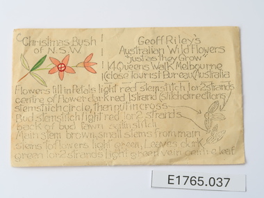 Textile - Geoff Riley embroidery design envelope - Christmas Bush of N.S.W. & Scarlet Honey Eater, Geoff Riley, 1920's-1956/7