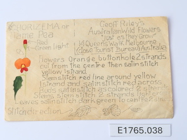 Textile - Geoff Riley embroidery design envelope - Chorizema or Flame Pea, Geoff Riley, 1920's-1956/7