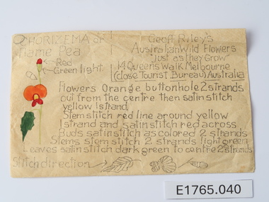 Textile - Geoff Riley embroidery design envelope - Chorizema or Flame Pea, Geoff Riley, 1920's-1956/7