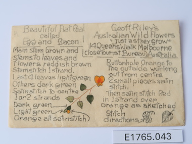Textile - Geoff Riley embroidery design envelope - Beautiful Flat Pea called Egg and Bacon, Geoff Riley, 1920's-1956/7