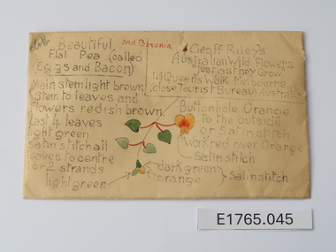 Textile - Geoff Riley embroidery design envelope - Beautiful Flat Pea (called Eggs and Bacon) and Brown Boronia, Geoff Riley, 1920's-1956/7