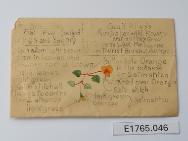 Textile - Geoff Riley embroidery design envelope - Beautiful Flat Pea (called Eggs and Bacon), Geoff Riley, 1920's-1956/7