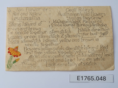 Textile - Geoff Riley embroidery design envelope - Fan Flower or Red and Yellow Leschenaullia, Geoff Riley, 1920's-1956/7
