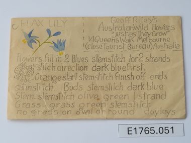 Textile - Geoff Riley embroidery design envelope - Flax lily, Geoff Riley, 1920's-1956/7