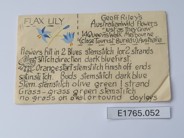 Textile - Geoff Riley embroidery design envelope - Flax lily, Geoff Riley, 1920's-1956/7
