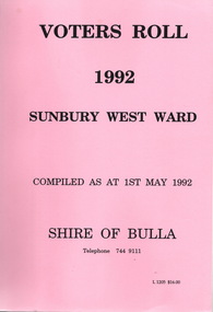 Document, Voters Roll 1992 Sunbury West Ward, 1992