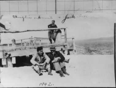000061 - Photograph - Inverloch Pier - Richard James on pier - Hughie Hamil and Jack Dell (Rat) on sand - G Murray