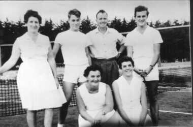 000088 - Photograph - Inverloch Tennis Team - late 1950's - Rear Jean Cross, Ken Meek, Dudley Rixon & David Hoppen, - front Julie Heppell, Margaret Cross - from M Rixon