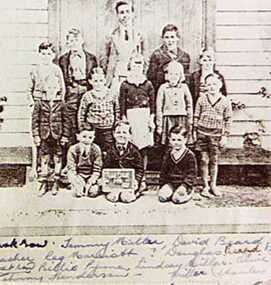 000217 - Photograph - 1941 Pound Creek scholars and teacher - Tommy Millar - David Beard - teacher Reg Marriott - Douglas Beard - Pyman - Billie Pyman - Lindsay Millar - Olive - Johnny Henderson - Millar - D Beard