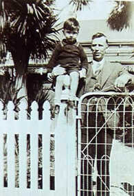 000258 - Photograph - 1937 - Pound Creek - George Henderson 1898-1969 - at gate with John Henderson 2 years 8 months - E Henderson - enlarged photograph