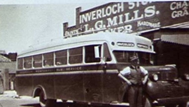 000441 - Photograph - Inverloch to Wonthaggi Bus Outside L G Mills store - VI Cummings