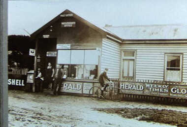 000529 Photograph - South Dudley - Shop & Post Office - Jack & Sylvyr McDonald in doorway, Dick Hill on bike, Alf Wyhoon - S Power