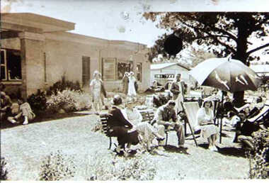 000852 - Photograph - Inverloch - Pine Lodge - Guests at afternoon tea on the lawn - from H Swift (Hazel)