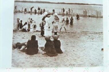 000810 - Photographs - Inverloch - 1906 - Swimming baths near pier and swimmers - copies separately from Dorothy Beard and Nancye Durham (same as 000754)