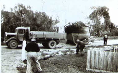 000582 - Photograph - July 1951 - corner Abbott St and Ramsay Boulevard - Ripple 1 - Les, James and Trevor - From Bob Young