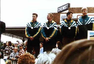 000787 - Photograph - Inverloch - 1996 - Inverloch - Oarsome Foursome crew -gold medallists Atlanta - Drew Ginn - Mike McKay - Nick Green - James Tonkin-street parade - from Joan Ginn