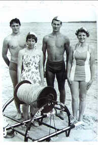 000893 - Photograph - Inverloch - Inverloch Lifesaving Club - Noel Beaton, Joy Davey, Kevin Murray and Joy Drowley - Print in Weekly Times 1966 - from Don Mather