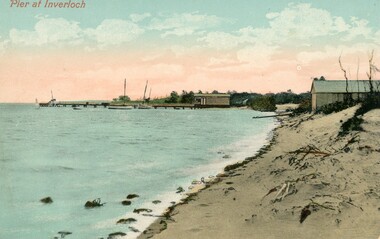 004219 - Postcard - circa 1908 - Pier at Inverloch - Tim Keys Boat shed on the right - G Ford Leongatha - From Melva Thorson (Same as 004266)