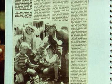 000407 - Photograph - Inverloch School Centenary - tree planting - Evans - Kris Cooper - Amy McRobert - Tom Evans age 78 - from Noelle Green