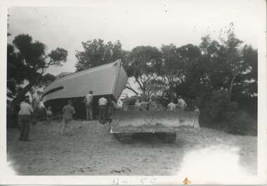 004386 - Photograph - Ripple II - 29 November 1959 - bulldozer D7 dragging Ripple II over sandhill - from Bob Young